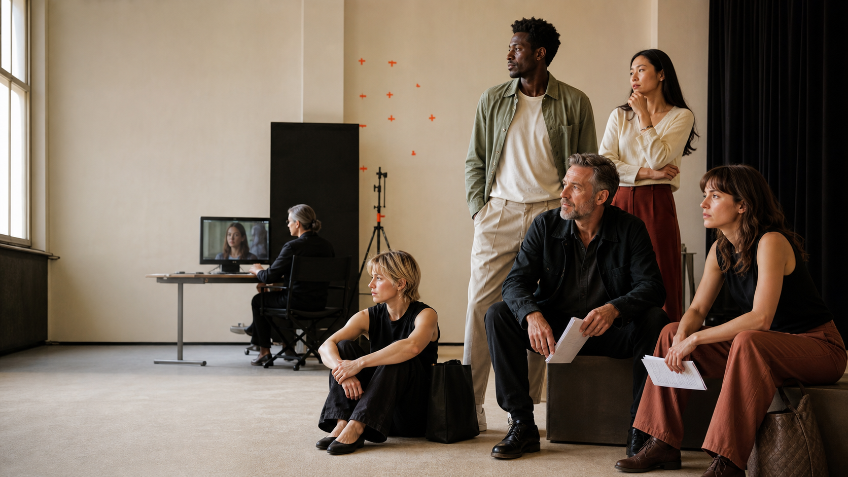 Adult performers and a casting director in a contemporary studio